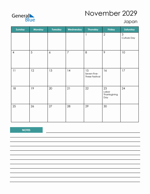 Calendar with Notes Printable - Sunday Start