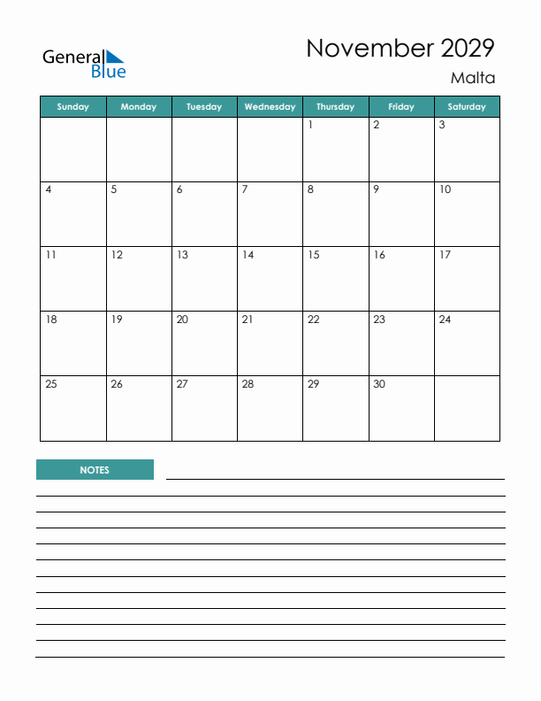 Calendar with Notes Printable - Sunday Start