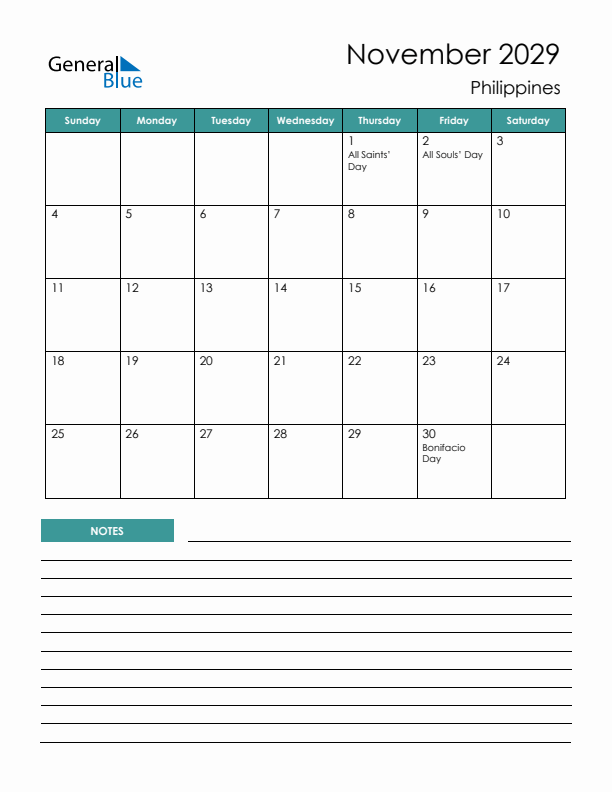 Calendar with Notes Printable - Sunday Start