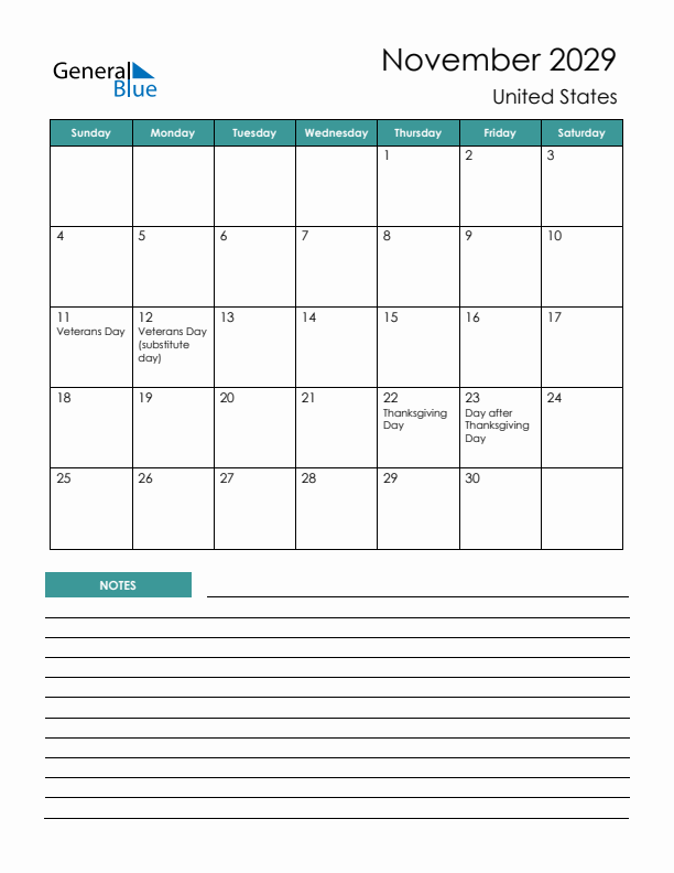 Calendar with Notes Printable - Sunday Start