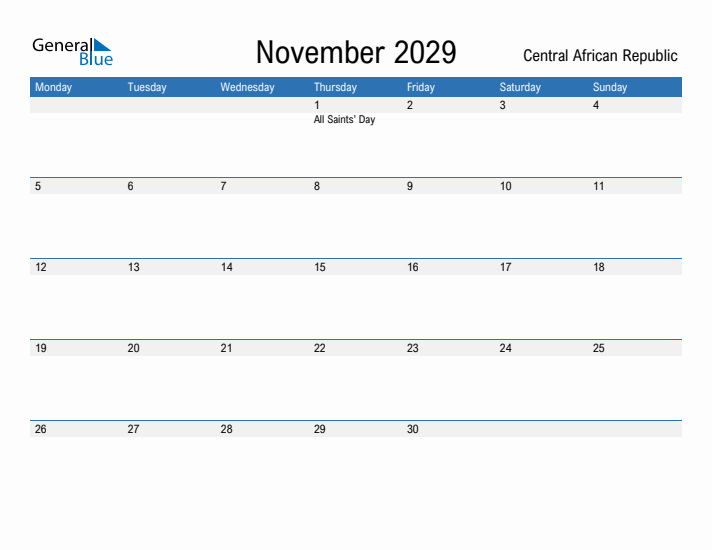 Fillable November 2029 Calendar