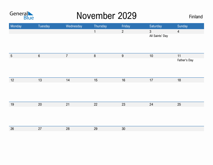 Fillable November 2029 Calendar