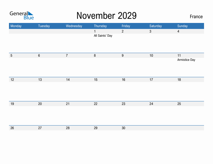 Fillable November 2029 Calendar