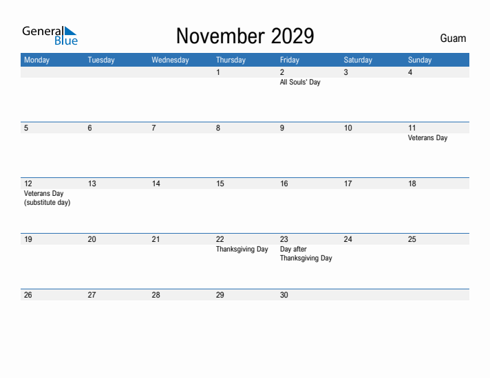 Fillable November 2029 Calendar