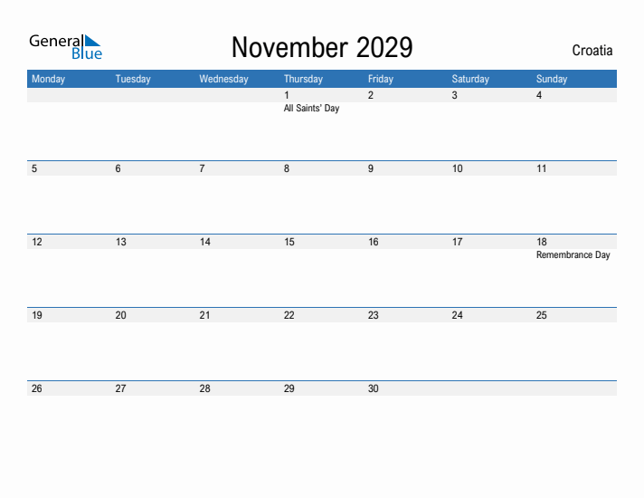 Fillable November 2029 Calendar