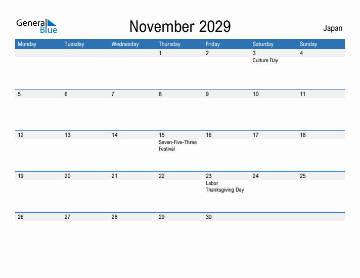 Fillable November 2029 Calendar