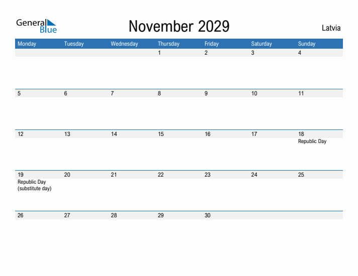 Fillable November 2029 Calendar