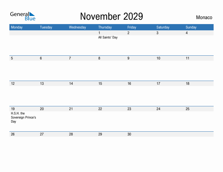 Fillable November 2029 Calendar