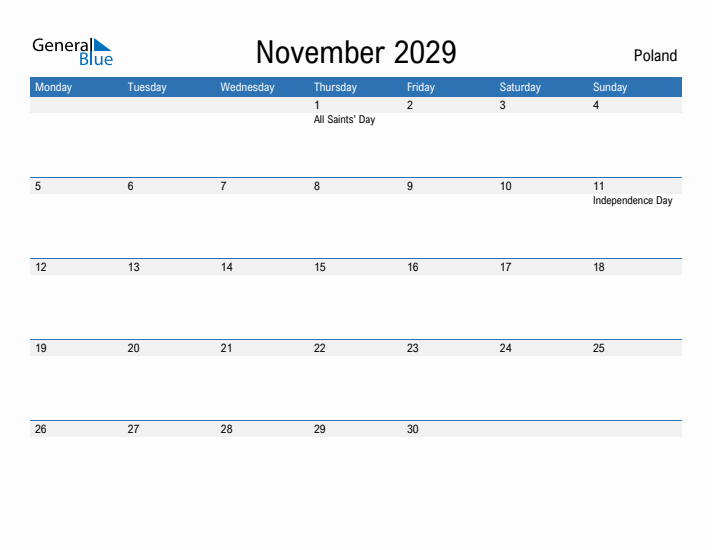 Fillable November 2029 Calendar