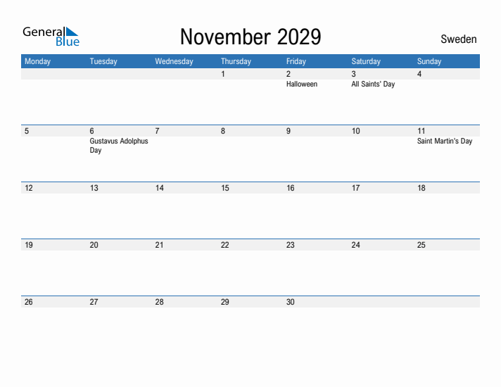 Fillable November 2029 Calendar