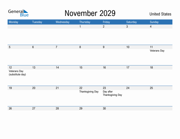 Fillable November 2029 Calendar