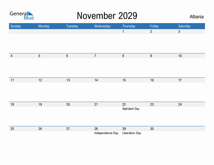 Fillable November 2029 Calendar