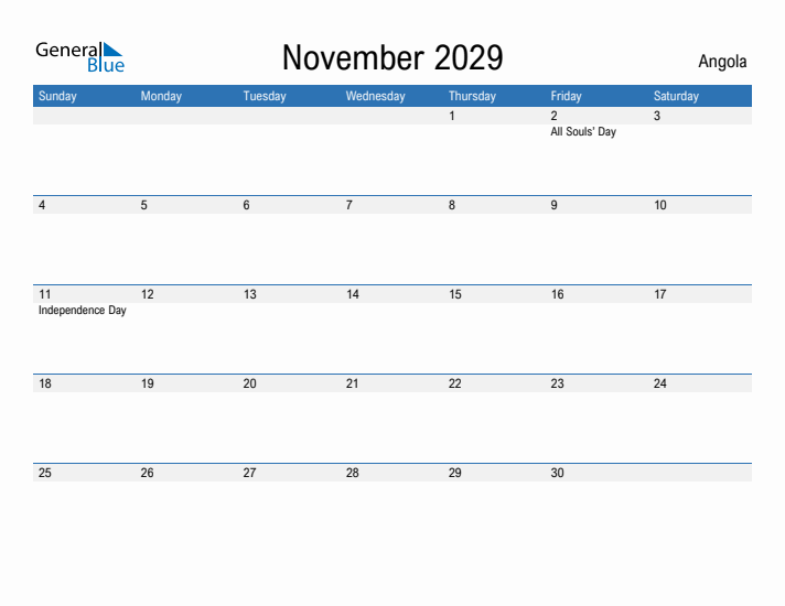 Fillable November 2029 Calendar