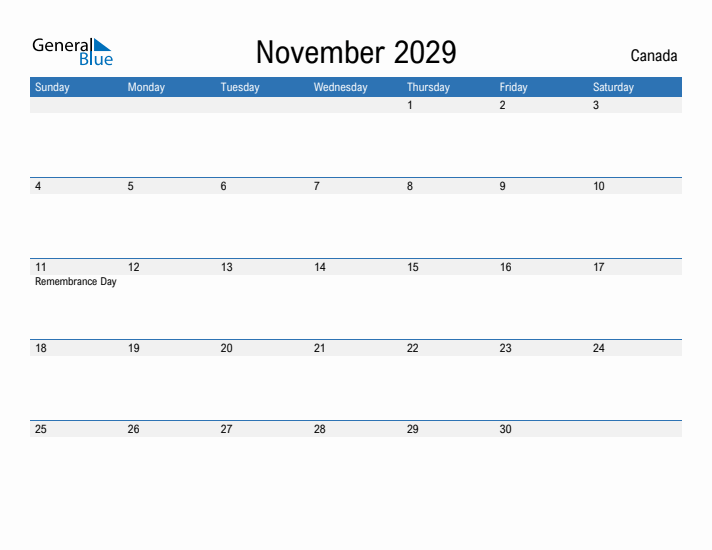 Fillable November 2029 Calendar