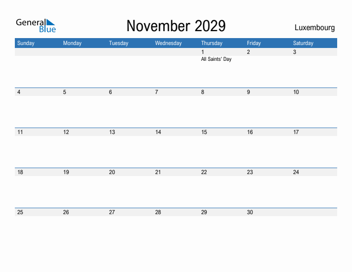 Fillable November 2029 Calendar