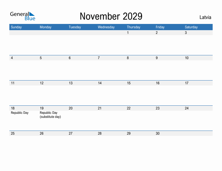 Fillable November 2029 Calendar