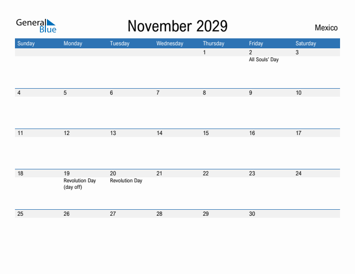 Fillable November 2029 Calendar