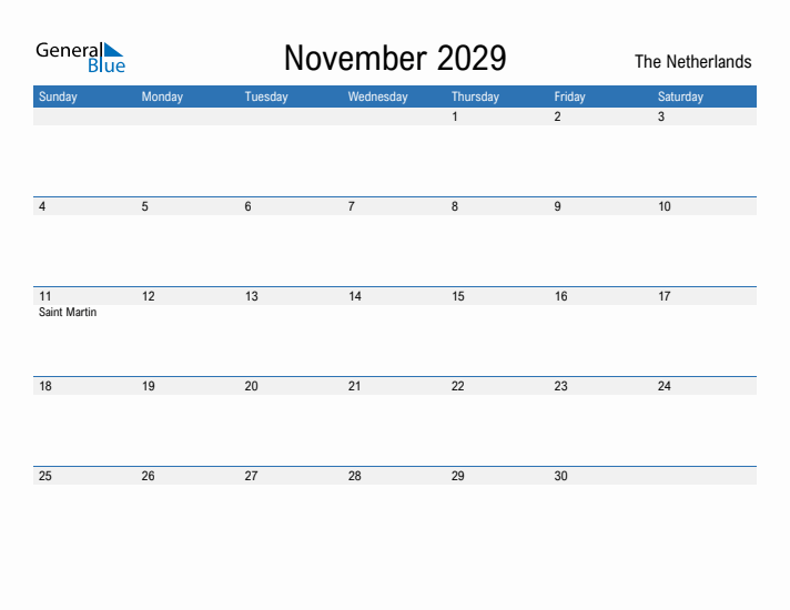 Fillable November 2029 Calendar