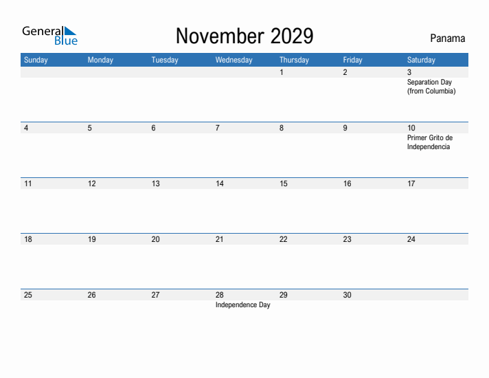 Fillable November 2029 Calendar