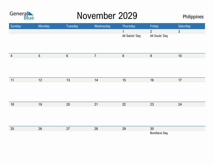 Fillable November 2029 Calendar