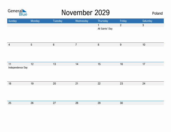 Fillable November 2029 Calendar