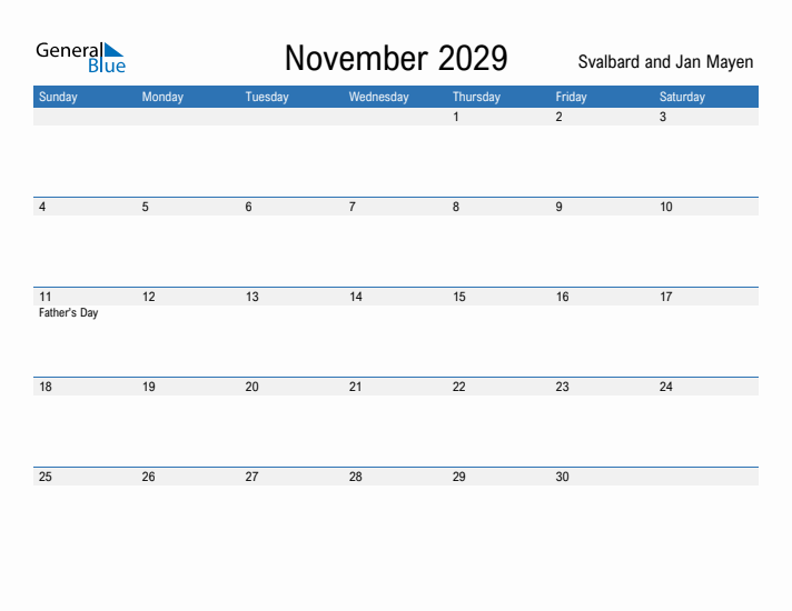 Fillable November 2029 Calendar