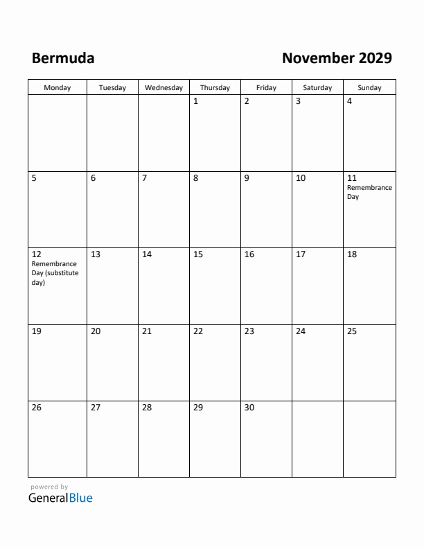 November 2029 Calendar with Bermuda Holidays