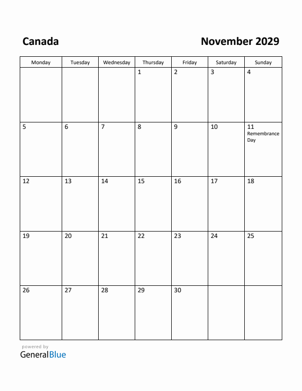 November 2029 Calendar with Canada Holidays