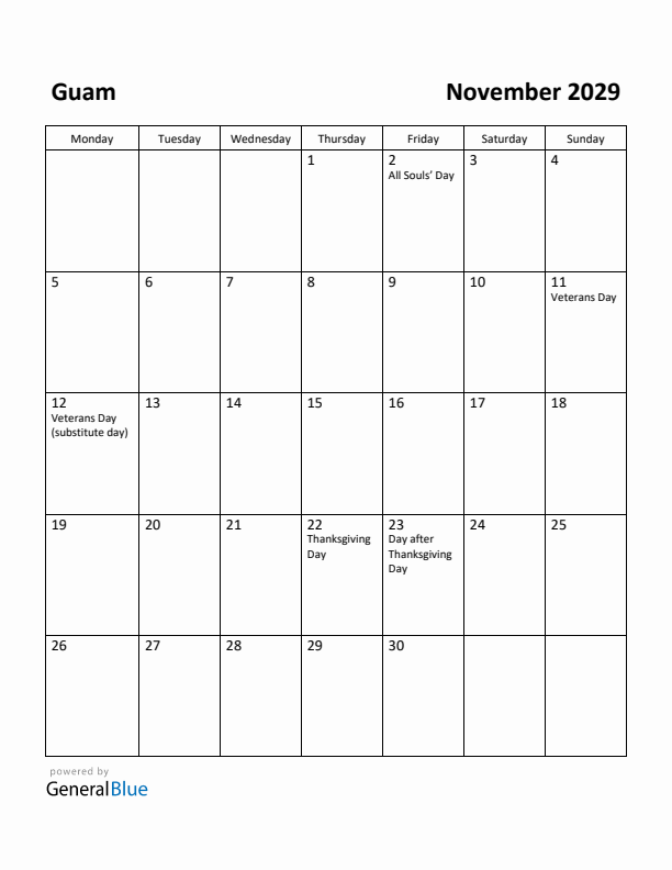 November 2029 Calendar with Guam Holidays