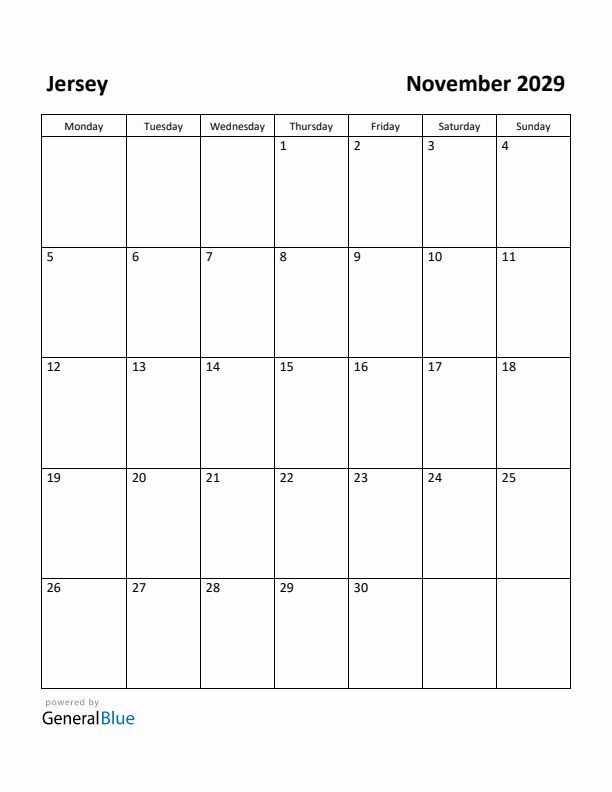 November 2029 Calendar with Jersey Holidays