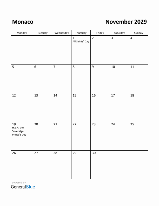 November 2029 Calendar with Monaco Holidays