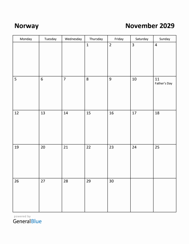 November 2029 Calendar with Norway Holidays