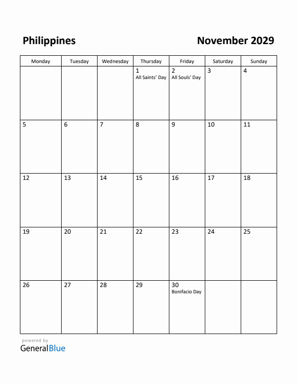 November 2029 Calendar with Philippines Holidays