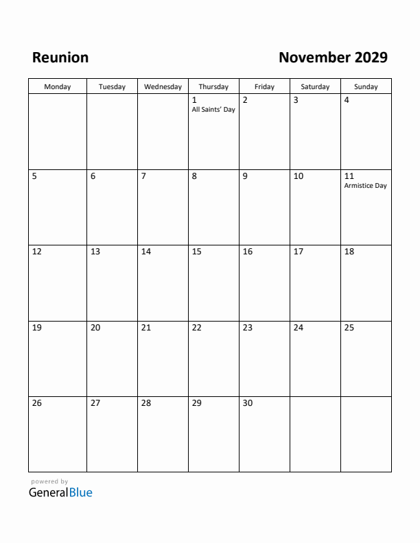 November 2029 Calendar with Reunion Holidays