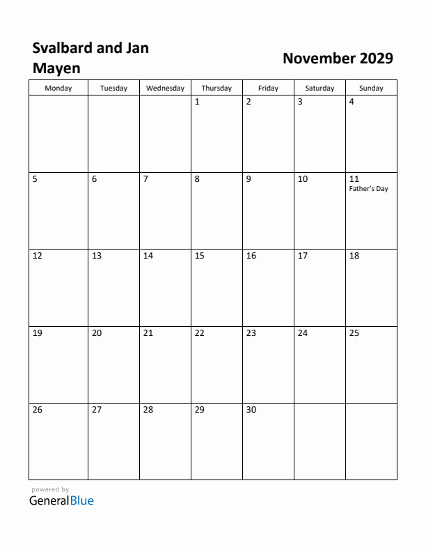 November 2029 Calendar with Svalbard and Jan Mayen Holidays