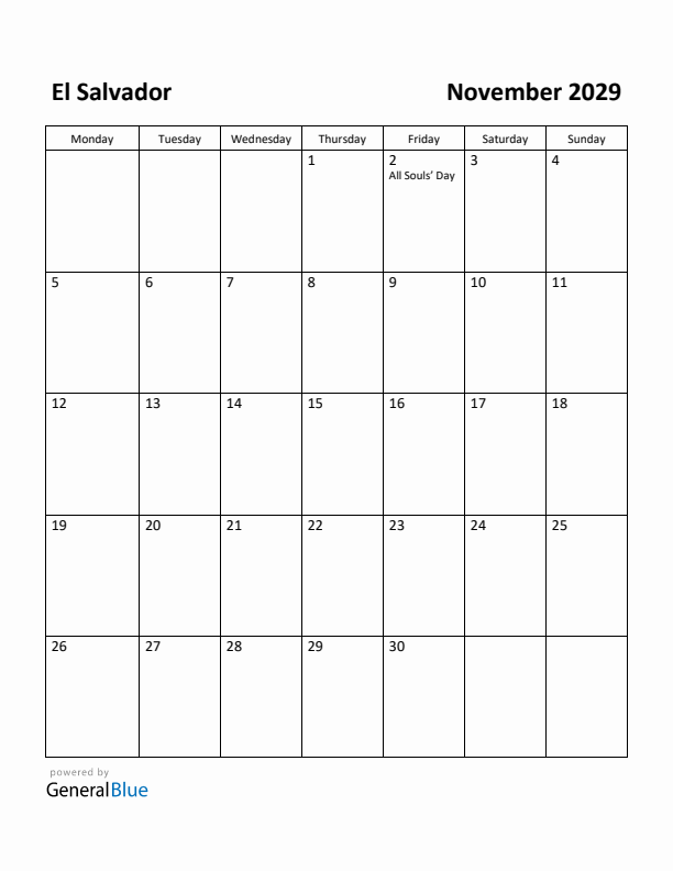 November 2029 Calendar with El Salvador Holidays