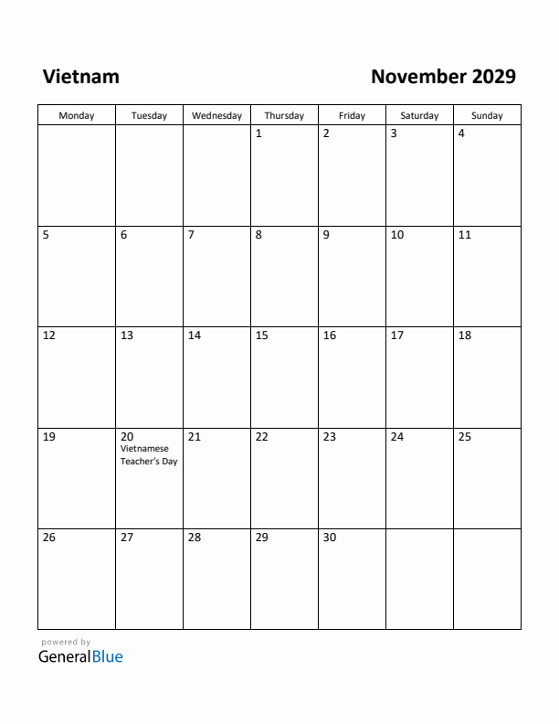 November 2029 Calendar with Vietnam Holidays