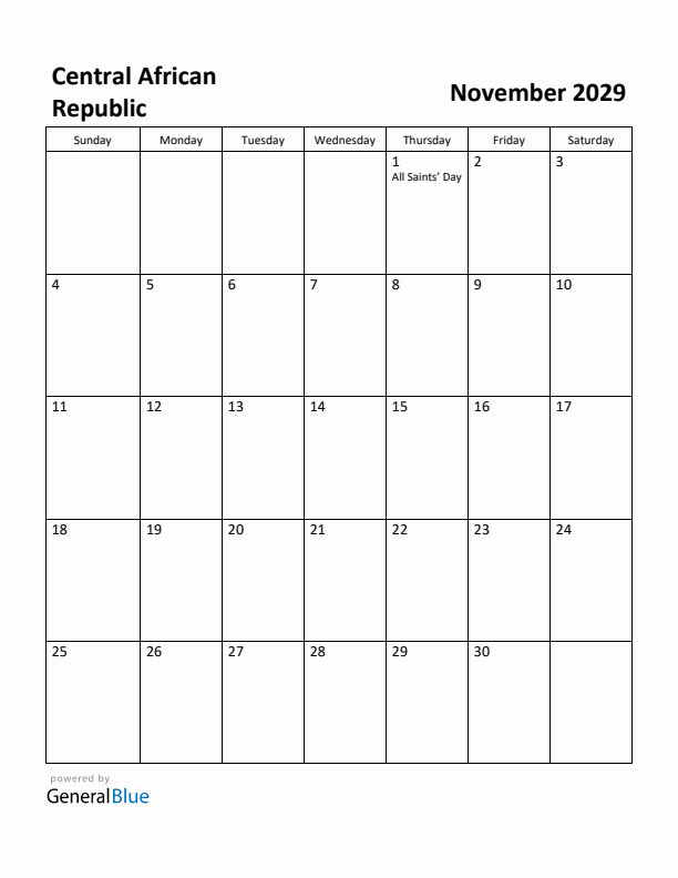 November 2029 Calendar with Central African Republic Holidays