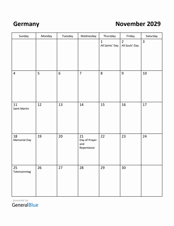 November 2029 Calendar with Germany Holidays