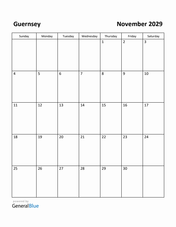 November 2029 Calendar with Guernsey Holidays