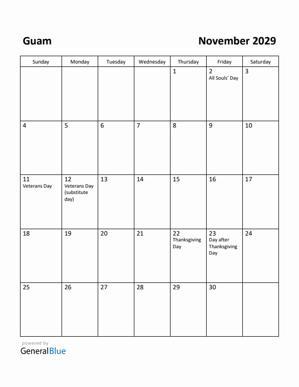 November 2029 Calendar with Guam Holidays