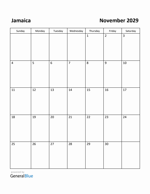 November 2029 Calendar with Jamaica Holidays