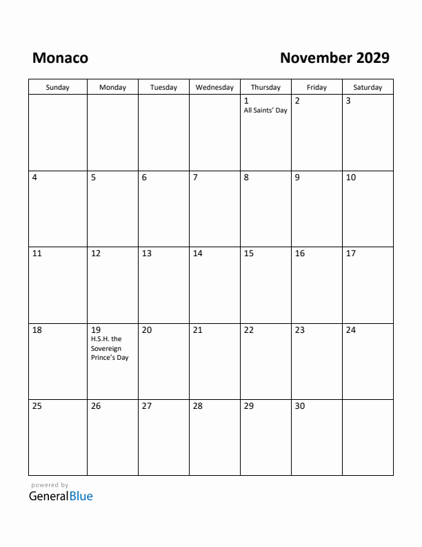 November 2029 Calendar with Monaco Holidays