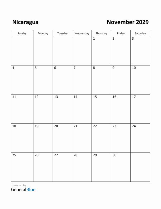 November 2029 Calendar with Nicaragua Holidays