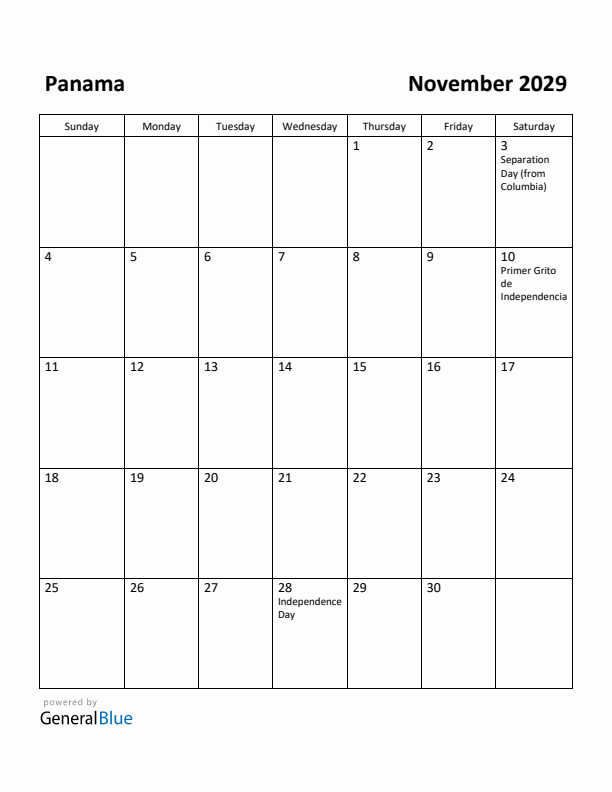 November 2029 Calendar with Panama Holidays