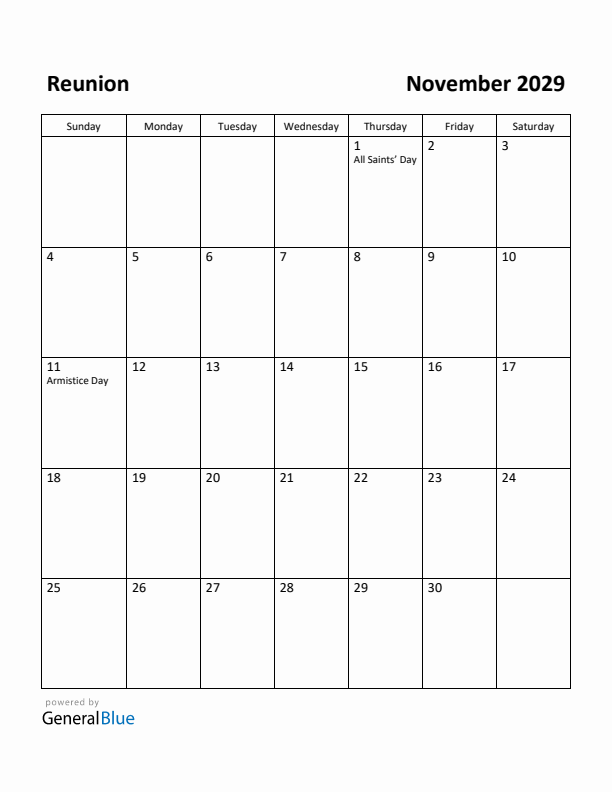 November 2029 Calendar with Reunion Holidays