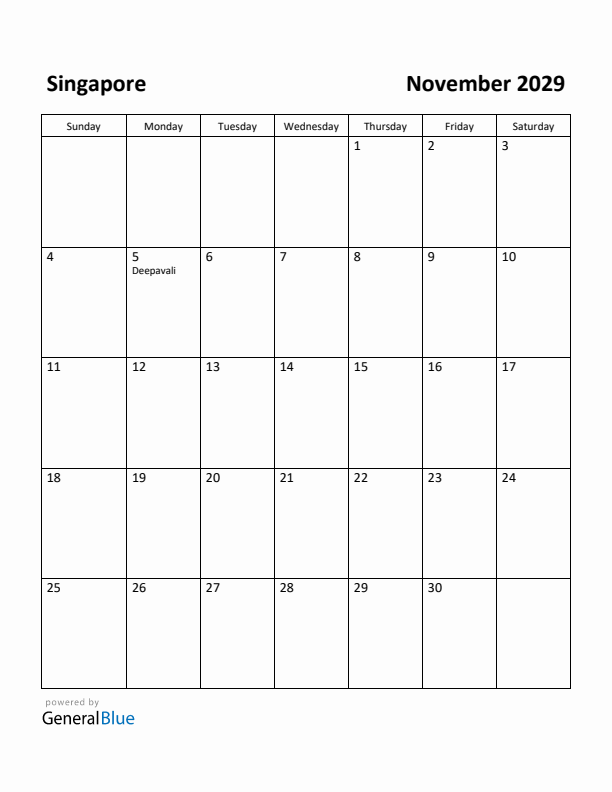 November 2029 Calendar with Singapore Holidays