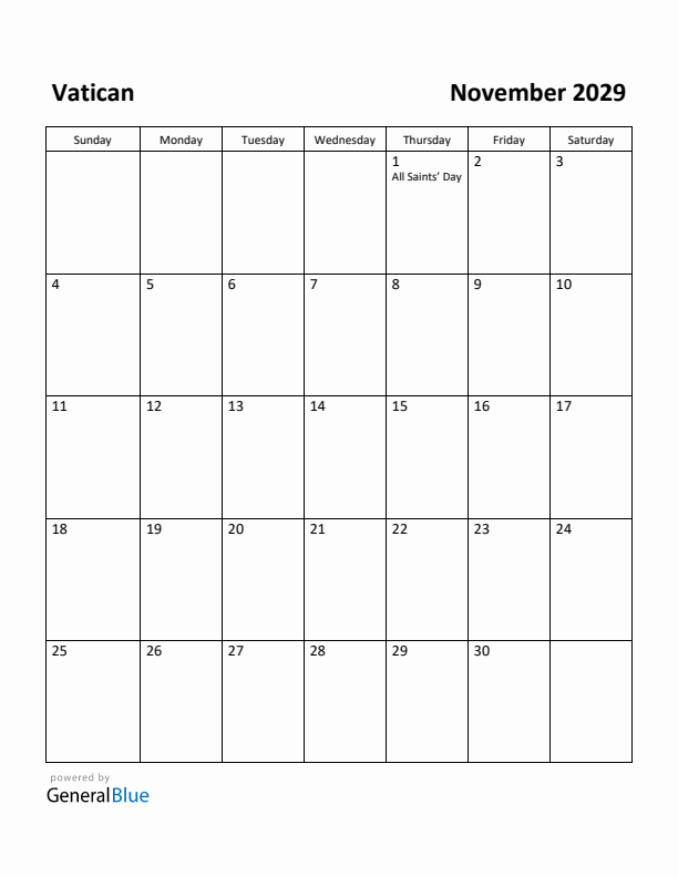 November 2029 Calendar with Vatican Holidays