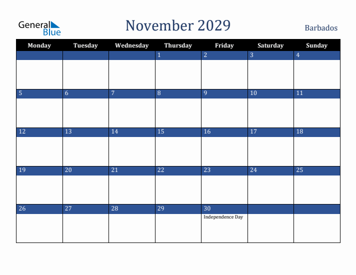 November 2029 Barbados Calendar (Monday Start)