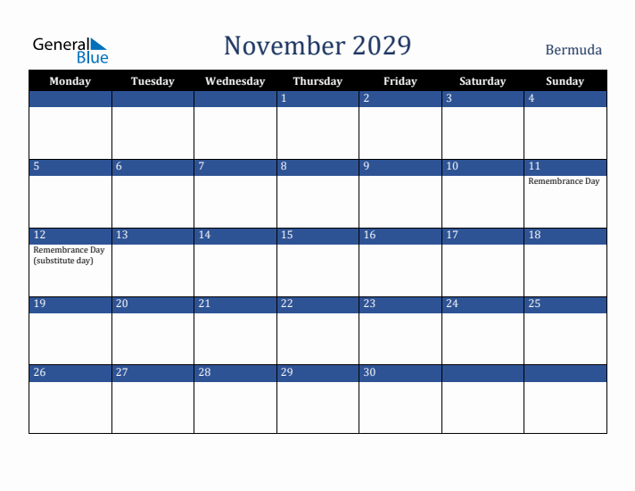 November 2029 Bermuda Calendar (Monday Start)